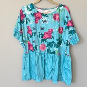 Floral Blue Blouse with Pink Accents